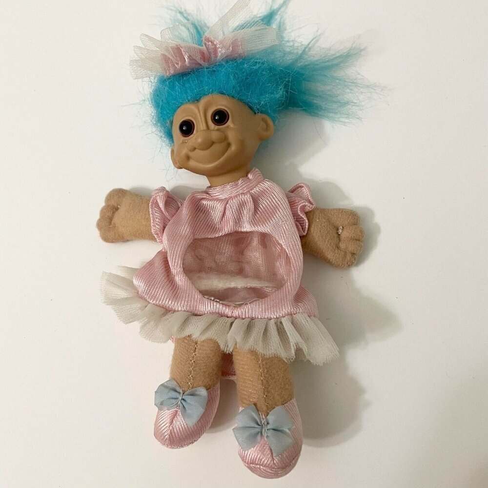 Vtg 1992 Russ Troll Doll Blue Hair Open Bag Stomach Fillable Gift Toy Set 6 Inch